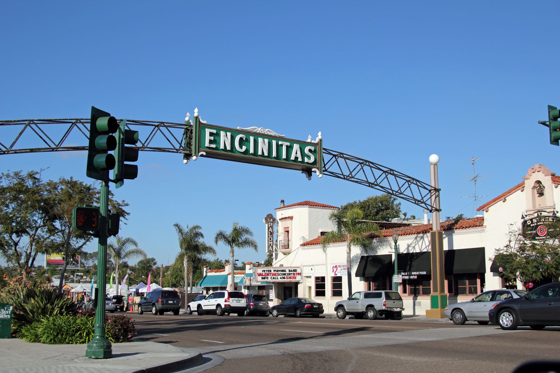 Downtown Encinitas Highway 101 with La Paloma theater and palm trees